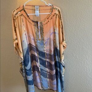 Chico’s Bead-embellished Poncho/ Peach, navy, purple/ Size S/M